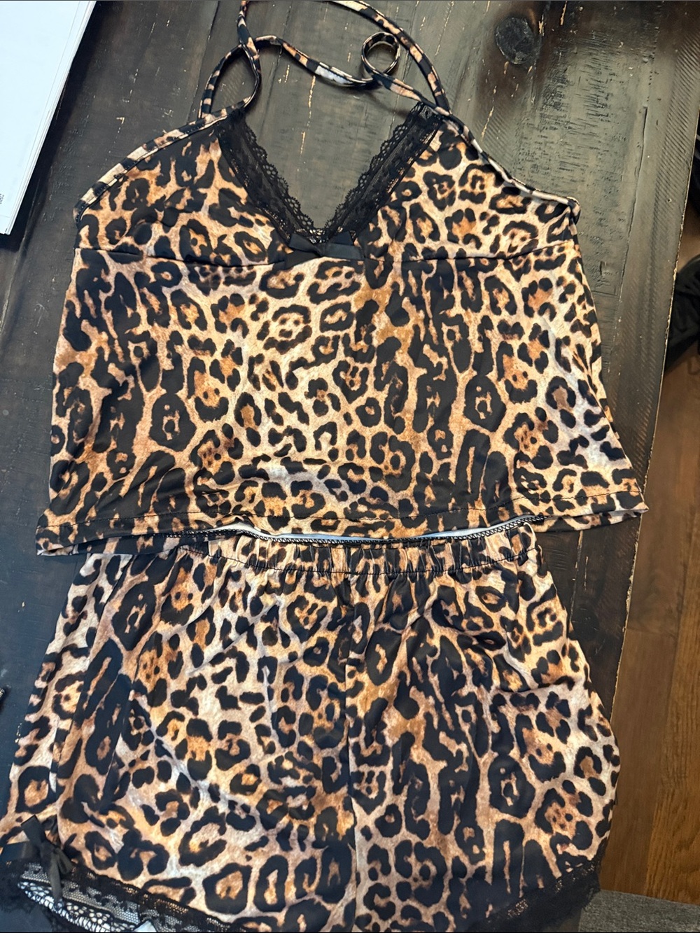 Leopard Print Satin Cami & Shorts Set - Brown Black